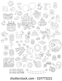 Set of funny vector toys, pets, gifts and other objects on a white background
