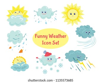 Set of funny vector weather icons in flat style. Sun, rain, storm, snow, wind. Cartoon and doodle characters. Simple stickers.