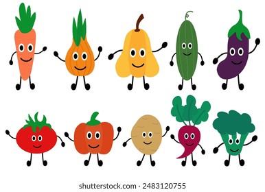 Set of funny vegetables. Concept of healthy food and products for kids. Summer element for your children design. Collection farm product. Vector flat cartoon illustration.