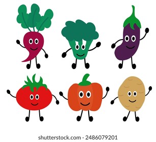 Set of funny vegetables. Concept of healthy food and products for kids. Summer element for your children design. Collection farm product. Vector flat cartoon illustration.
