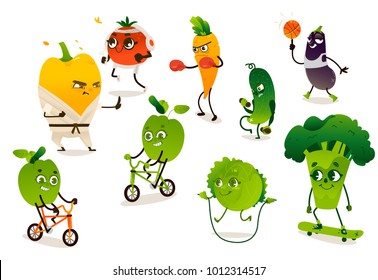 Set of funny vegetables doing sport, cartoon vector illustration isolated on white background. Pepper, tomato, broccoli, apple, carrot, cucumber, cabbage, eggplant characters doing sport exercises
