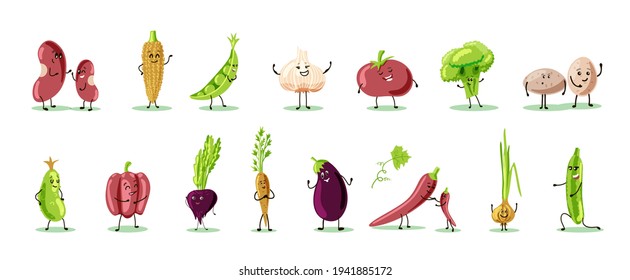 Conjunto de verduras graciosas con la cara. Ubicación. Ilustración de material vectorial. Fondo blanco. Cebollas, ajo, zanahorias, berenjenas, pepino, calabacín, judías, guisantes, maíz, brócoli, patatas, pimientos, remolacha