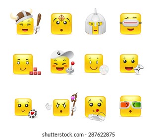 Set of funny and very beautiful square anime smiles that play various games