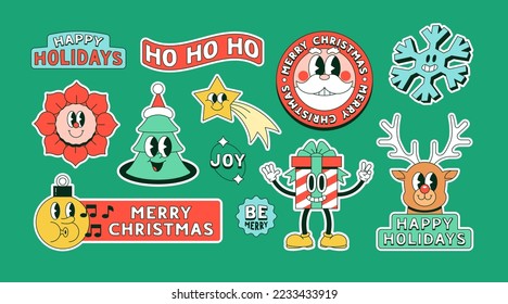 Conjunto de graciosos personajes de caricatura de navidad vintage sobre fondo aislado. Colección de ilustraciones de parches de pegatinas retro para la celebración de fiesta navideña. Conjunto gráfico de temporada festiva festiva.