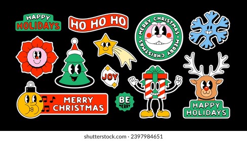Set of funny vintage christmas cartoon character label on isolated background. Retro sticker patch illustration collection for xmas party celebration. Festive holiday season graphic bundle.