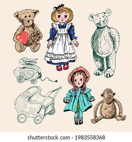 Set of сute funny vintage toys monkey, teddy bears, dolls. Antique toys of the last century for kids. Vector hand drawn illustration.