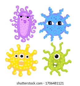 Set of funny viris and bacteria. Unicellular illustration for little children. Illustrations with germs for children s books. Flat style stickers are drawn by hand.Big bright stickers set with cute
