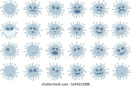 Set of funny virus emoticons with smiling, angry and many other faces of characters with different emotions, vector cartoon illustrations on a white background