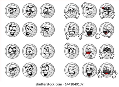 set of funny volley Ball cartoon character Mascot with various face expression. Vector Illustration Isolated On White Background