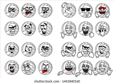 set of funny volley Ball cartoon character Mascot with various face expression. Vector Illustration Isolated On White Background