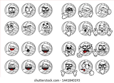 set of funny volley Ball cartoon character Mascot with various face expression. Vector Illustration Isolated On White Background