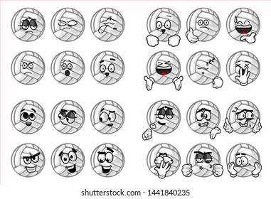 set of funny volley Ball cartoon character Mascot with various face expression. Vector Illustration Isolated On White Background