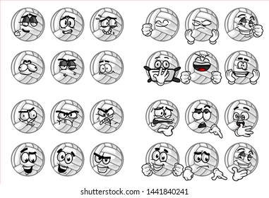 set of funny volley Ball cartoon character Mascot with various face expression. Vector Illustration Isolated On White Background