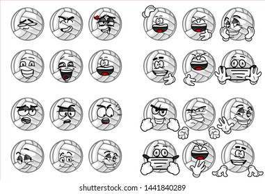 set of funny volley Ball cartoon character Mascot with various face expression. Vector Illustration Isolated On White Background