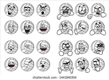 set of funny volley Ball cartoon character Mascot with various face expression. Vector Illustration Isolated On White Background