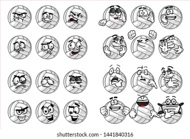 set of funny volley Ball cartoon character Mascot with various face expression. Vector Illustration Isolated On White Background