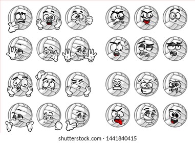 set of funny volley Ball cartoon character Mascot with various face expression. Vector Illustration Isolated On White Background