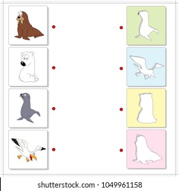 Set of funny walrus, polar bear, seal and sea gull. Educational game for kids. Choose the correct silhouettes on the opposite side and connect the points