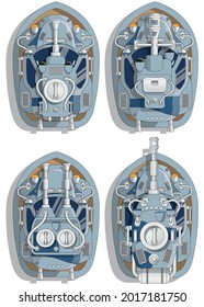 A set of funny warships. View from above. Isolated on white background. Vector illustration.