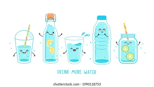 Set Of Funny Water Characters In Bottles And Glasses. Kawaii Smiling Full Glass,plastic Takeaway Cup, Bottle With Lemon, Detox With Lime, Text. Hand Drawn Cute Vector. H2O For Health.Drink More Water.