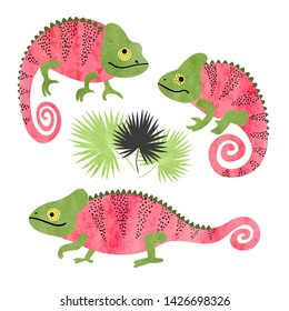 Set of funny watercolor chameleons. Vector lizards isolated on white background.