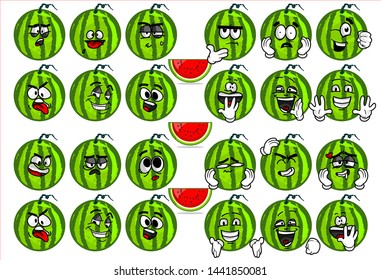 set of funny watermelon cartoon character Mascot with various face expression. Vector Illustration Isolated On White Background