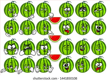 set of funny watermelon cartoon character Mascot with various face expression. Vector Illustration Isolated On White Background