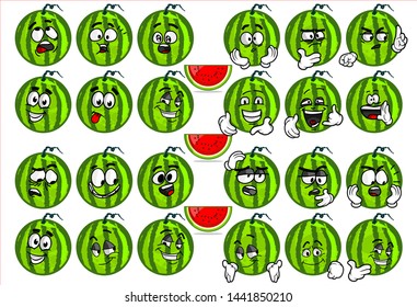 set of funny watermelon cartoon character Mascot with various face expression. Vector Illustration Isolated On White Background