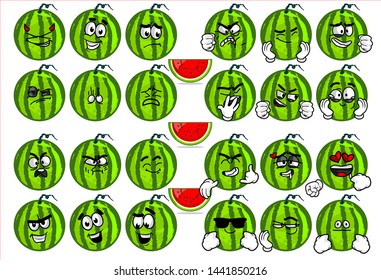 set of funny watermelon cartoon character Mascot with various face expression. Vector Illustration Isolated On White Background