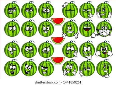 set of funny watermelon cartoon character Mascot with various face expression. Vector Illustration Isolated On White Background