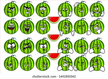 set of funny watermelon cartoon character Mascot with various face expression. Vector Illustration Isolated On White Background