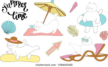 Set of funny white cat is enjoying the summer. Kitten with a lifebuoy. The cat is drinking a cocktail, resting on a lounger.