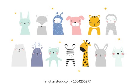 Set of funny wild animals. Cute collection for prints posters or sticker. Kids vector hand drawn illustration.