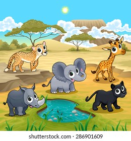 Set of funny wild animals in the nature. Vector and cartoon illustration.