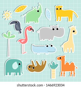 Set of funny wild animals stickers. Kids hand drawn graphic. Vector illustration.