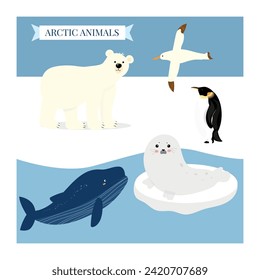 Set of funny wild polar animals, marine mammals. Polar bear, blue whale, seal, albatross, penguin. Collection of fauna of Arctic. Set of cute cartoon characters. Vector illustration in flat style. 