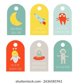 A set of funny wish tags for little space explorers with rockets, astronauts and aliens