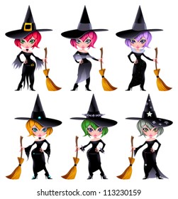 Set of funny witches. Cartoon and vector isolated characters.