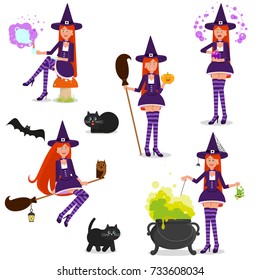 Set of funny witches. Isolated objects on white background.
