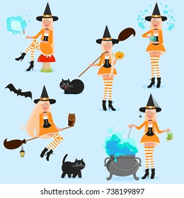 Set of funny witches. Isolated objects on white background.