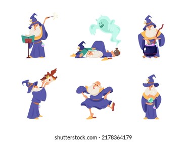 Set Of Funny Wizards. Cartoon Illustrations Of An Elderly Bearded Sorcerer Isolated On A White Background. Vector 10 EPS.