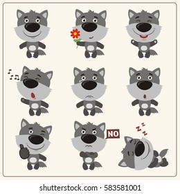 Set of funny wolf in different poses and emotions in cartoon style.