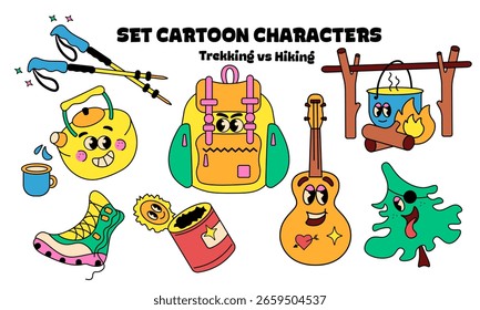 A set of funny Y2K style cartoon characters. 8 Groovy camping cartoon characters. Camping, outdoor adventure mascots, trekking and hiking. Vector illustration on a white background.