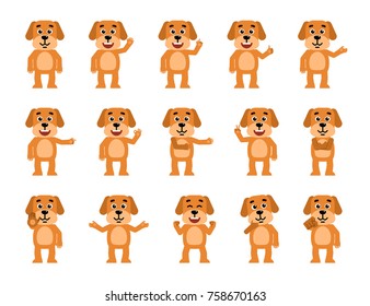 Set of funny yellow dog characters showing different hand gestures. Cheerful dog pointing, greeting, showing thumb up and other gestures. Flat style vector illustration