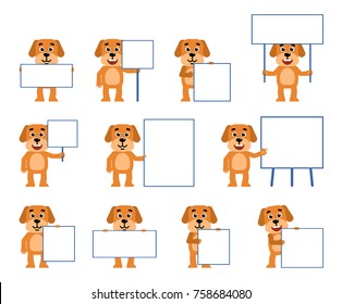 Set of funny yellow dog characters posing with different blank signboards. Cheerful dog holding paper, placard, banner, pointing to whiteboard. Flat style vector illustration