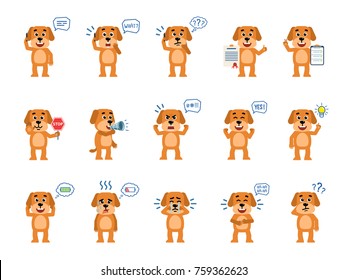 Set of funny yellow dog characters showing different actions. Cheerful dog talking on phone, thinking, holding stop sign, loudspeaker and showing other actions. Flat style vector illustration