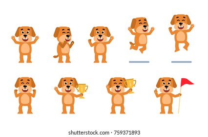 Set of funny yellow dog characters showing different success poses. Cheerful dog celebrating, holding golden cup, jumping and showing other actions. Flat style vector illustration
