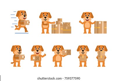 Set of funny yellow dog characters posing with parcel box in different situations. Cheerful dog holding package, running and showing other actions. Flat style vector illustration