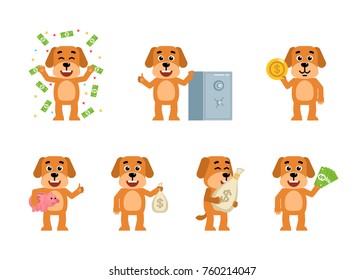 Set of funny yellow dog characters posing with money in different situations. Cheerful dog holding money bag, piggy bank, coin and showing other actions. Flat style vector illustration