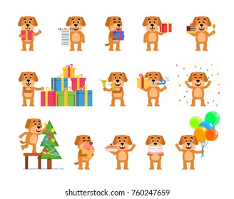 Set of funny yellow dog characters celebrating New Year, Christmas, birhtday. Cheerful dog holding balloons, decorating Christmas tree and showing other actions. Flat style vector illustration